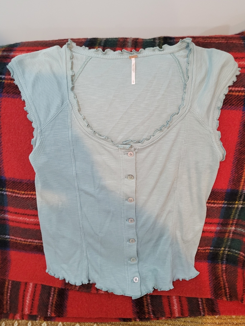Free People Light Green Ruffle-Edge Button Top